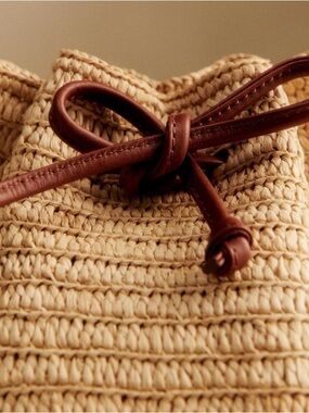 Sezane Straw Tote with Brown Leather Drawstring